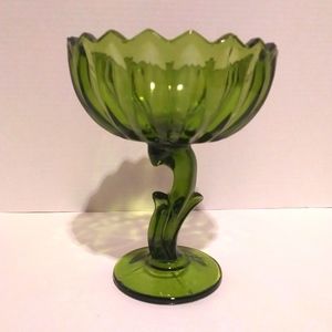 Vintage Indiana Glass 7.5" Green Lotus Blossom Compote Candy Dish Pedestal Bowl